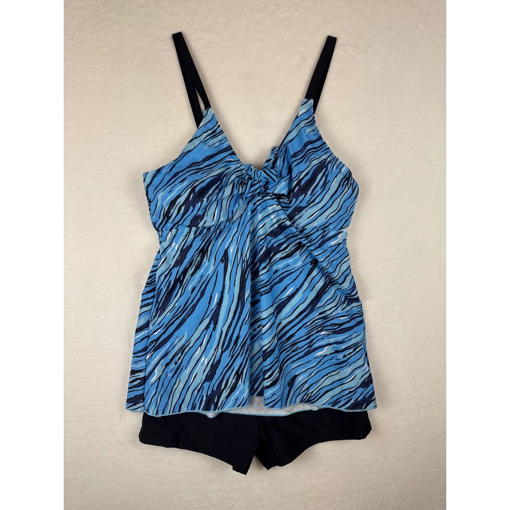 NWOT Blue Stripe Flowy Tankini Set with Black Boyshorts Swimsuit Large